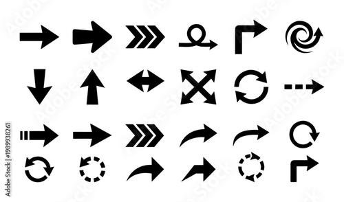 Black arrow icon set with 24 vector elements, minimalist directional signs for navigation, solid flat pointers and curved motion symbols