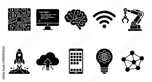 Modern technology icons set, black solid digital innovation symbols, 10 vector elements for artificial intelligence and software development projects