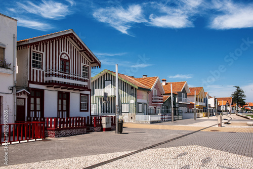 Costa Nova, Aveiro, Portugal: colorful striped houses called Palheiros at street