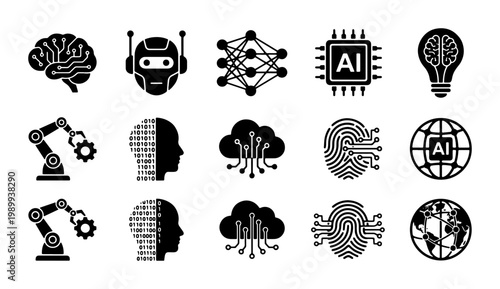 Artificial intelligence icon set, 15 black solid vector symbols for machine learning, digital brain and robotic automation technology graphics