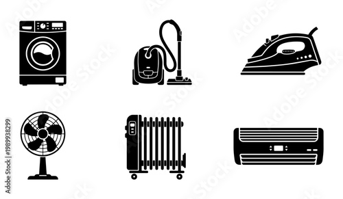 Household appliances icon set, black silhouettes of home electronics and white goods, collection of 6 vector symbols for domestic utility and cleaning