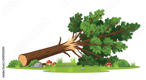 A large fallen pine tree with lush green needles and brown cones rests on a grassy field dotted with red mushrooms and smooth grey stones in a forest.