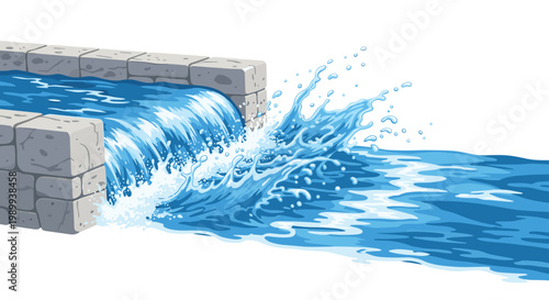 Vibrant blue water flows over a structured grey stone wall creating energetic white splashes and ripples within a serene and clean aquatic environment.