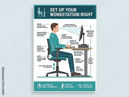 Ergonomic workstation setup for healthy sitting proper posture and comfort at office desk with labeled diagram