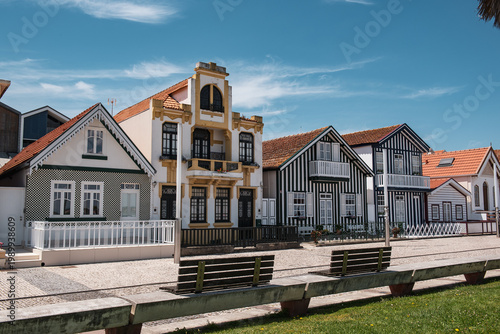 Costa Nova, Aveiro, Portugal: colorful striped houses called Palheiros at street