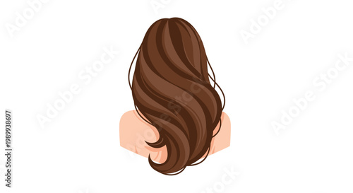 A rear view captures voluminous and wavy dark brown hair cascading elegantly down a woman's back against a clean and minimalist white studio background.