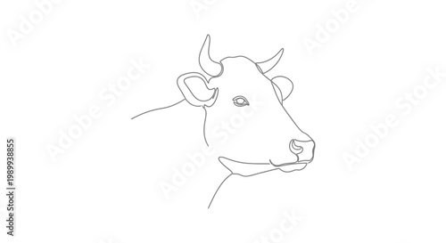 Minimalist line art of a cow's head, simple outline drawing, farm animal illustration.
