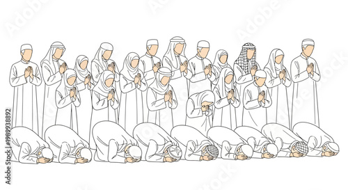 Diverse Muslim Family Praying Together: Men, Women, Children in Worship