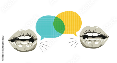 Two people talking through speech bubbles representing communication, conversation, social media, and verbal interaction.