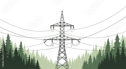 A massive steel lattice transmission tower stands tall amidst a dense evergreen forest with multiple power lines stretching across the misty white horizon.