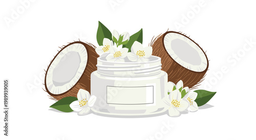 A pristine white cosmetic cream jar with a blank label is elegantly framed by two halved coconuts and several blooming white jasmine flowers and leaves.