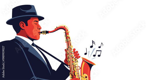 A sophisticated jazz musician wearing a dark suit and a stylish fedora plays a golden saxophone with vibrant red accents against a clean white background.