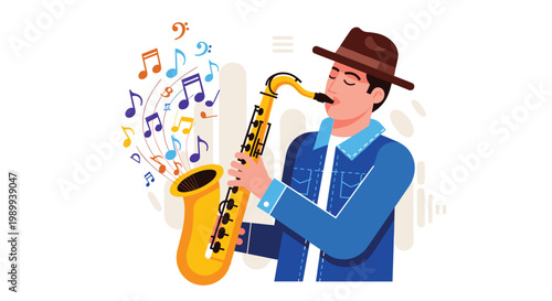 A casual musician wearing a blue denim jacket and a brown hat plays a bright yellow saxophone as colorful musical notes swirl into the air around him.