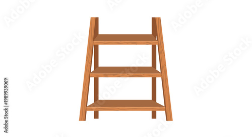A minimalist three-tier wooden ladder shelf with a warm brown grain texture stands perfectly centered against a clean and empty white background space.