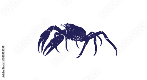 A detailed dark blue lobster silhouette crawls across a pristine white background exhibiting intricate shell segments and long delicate curved antennae.