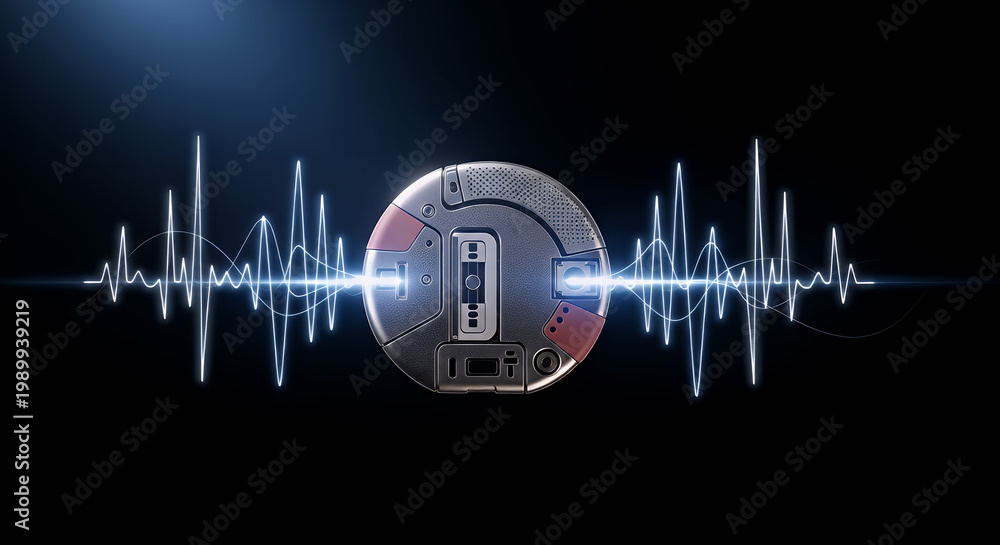 Obraz premium Circuitry disc features a dual-toned metallic surface with an integrated pulse wave emitting a bright light to signify a critical diagnostic connection in a modern technological infrastructure.