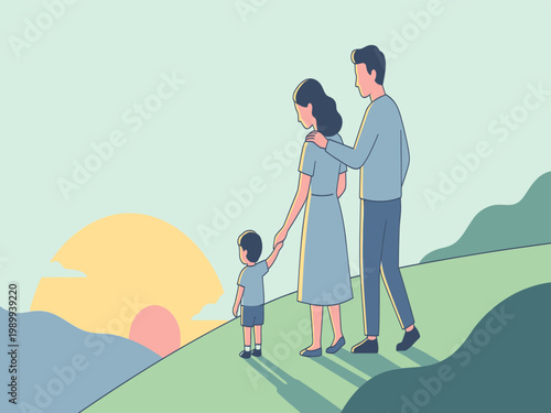 Family, parents, and child walking together, vector illustration, sunset background, green hillside