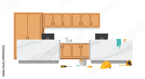 A modern reception area with marble desks undergoes a transformation in a bright office lobby with fresh paint and professional construction tools.