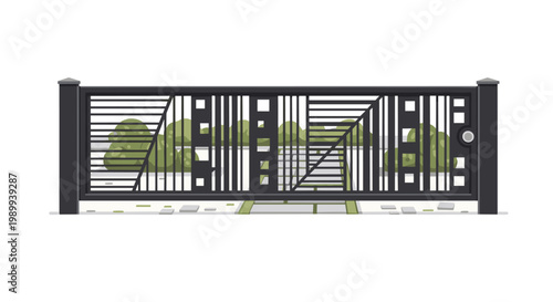 A contemporary black metal sliding gate provides secure access to a modern driveway featuring a unique linear design and a lush landscaped garden area.