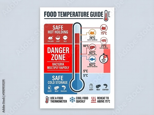 Food temperature guide poster with thermometer illustration for safe hot holding and cold storage
