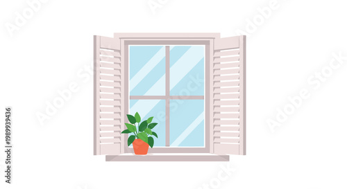 A pair of white plantation shutters is swung wide open to reveal a clear blue sky through the window panes with a vibrant green potted plant.