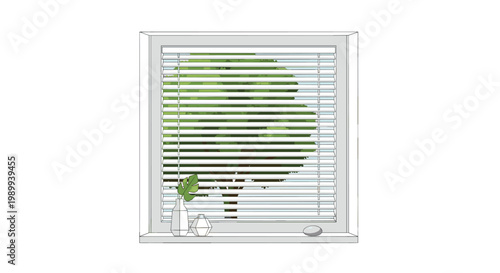 A bright white window with horizontal venetian blinds offers a soft view of a lush green tree while decorative vases sit neatly on the interior sill.