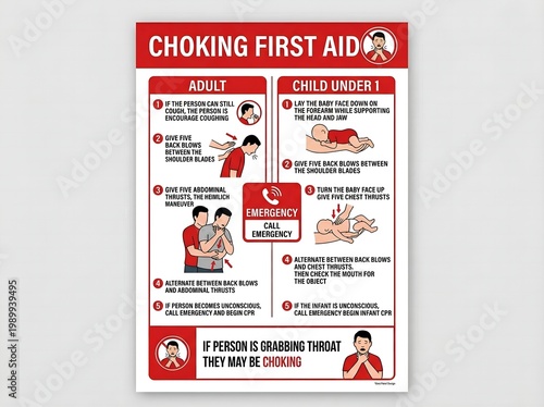Choking first aid poster with adult and child under 1 rescue instructions