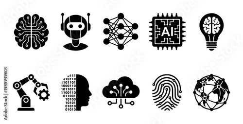 Artificial intelligence icon set, 10 black solid vector symbols for machine learning and future technology, digital brain and robot automation graphics