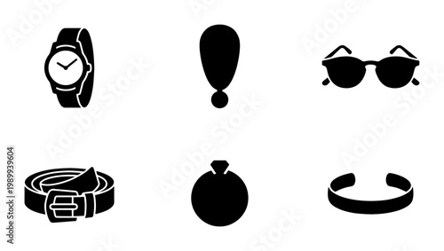 Minimalist fashion accessories icon set, black solid silhouette vector elements, luxury jewelry and apparel items for retail web design