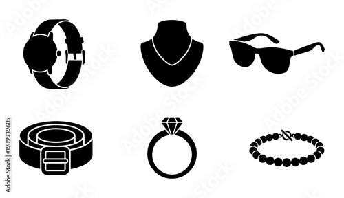 Minimalist fashion accessories icon set, black silhouette jewelry and apparel elements, 6 vector icons including watch, ring, and sunglasses