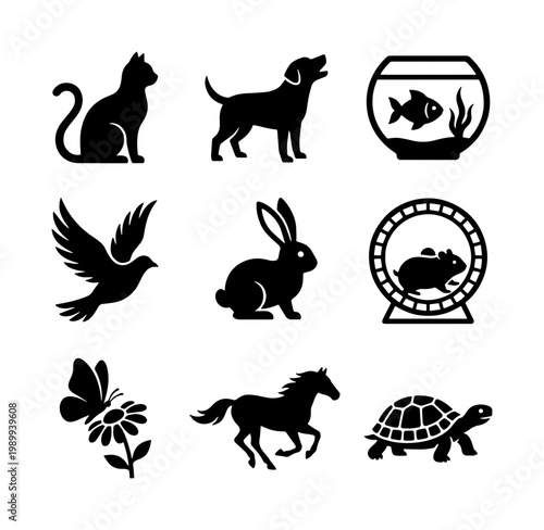 Minimalist pet animal silhouette icons set, black domestic pet symbols on white background, collection of 9 veterinary and pet shop vector graphics
