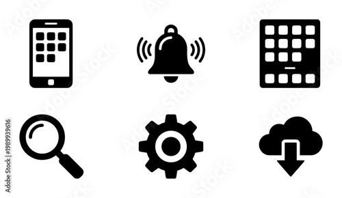Minimalist black interface icons set, 6 flat vector symbols for mobile apps, smartphone notification bell and cloud download graphics