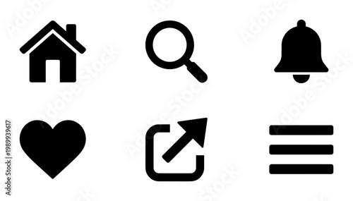 Minimalist black web icon set, 6 essential navigation symbols for mobile apps, flat vector UI elements including home heart and search
