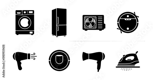 Modern home appliances icon set, black silhouette household electronics vector, collection of 8 domestic equipment symbols for smart home interfaces
