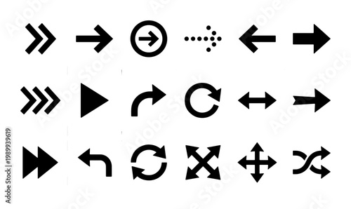 Minimalist black arrow icon set, 18 navigation vector symbols, flat directional pointers for web design, simple geometric cursor collection