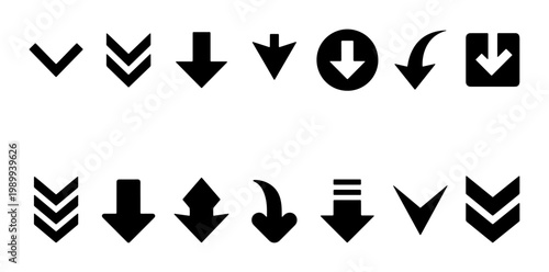 Minimalist black arrow icon set, 14 downward direction symbols for interface design, flat vector navigation pointers for web and apps