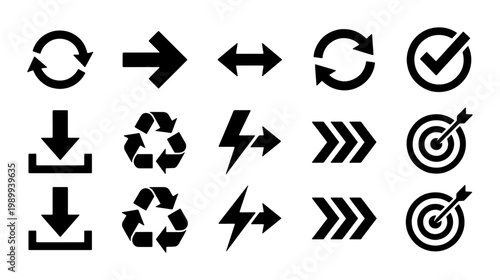Minimalist black arrow icon set, 15 universal interface symbols, flat vector navigation and process signs for web design and mobile apps
