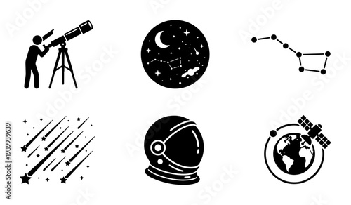 Astronomy and space exploration icon set, black silhouette telescope and astronaut helmet vectors, 6 celestial science elements for education