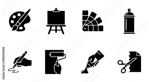 Artistic tools and creative equipment icon set, 8 black solid vector symbols, painting and drawing supplies for graphic design and craft projects