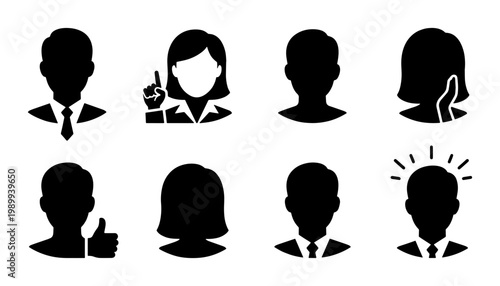Business avatar icons set, professional user profile silhouettes, 8 black corporate character headshots, office employee vector symbols