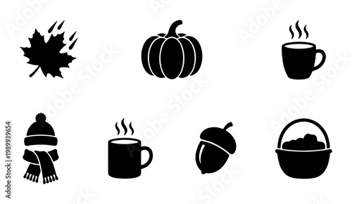 Autumn season black silhouette icon set, minimalist fall nature elements and cozy weather symbols, 7 vector graphics for seasonal design