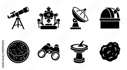 Astronomy and space exploration icon set, 8 black vector symbols of telescope and observatory equipment, celestial science tools for education