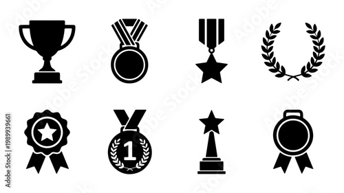 Award and trophy icon set, black silhouette medals and achievement symbols, 8 vector elements for sports competition and business success