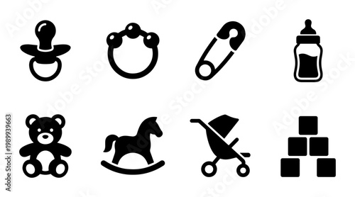 Baby care icon set with 8 black vector symbols, newborn nursery equipment and infant toys collection, minimalist childcare and parenting graphics