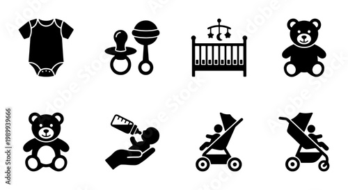 Baby care icon set with 8 black vector silhouettes, newborn nursery symbols including stroller and crib, infant supplies and toys collection