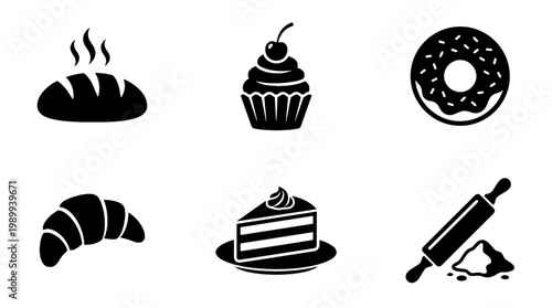 Bakery icon set with black silhouettes of bread, cupcake, donut and croissant. Pastry shop vector elements for menu design. Six dessert and baking symbols.