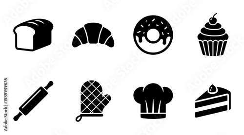 Bakery icon set with 8 black silhouettes, bread and pastry shop symbols, professional baking equipment and sweet dessert vector illustrations