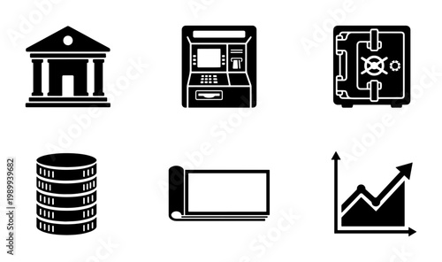 Banking and finance icon set, 6 black solid vector symbols for economy and money, bank building and atm machine icons, financial growth graph and vault