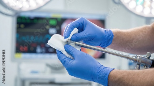 Medical worker in blue gloves cleaning a medical endoscope with a gauze pad