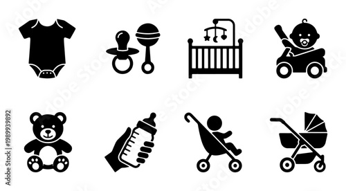 Baby care icon set with 8 black solid vector elements, newborn nursery equipment symbols, infant supplies and childhood accessories collection